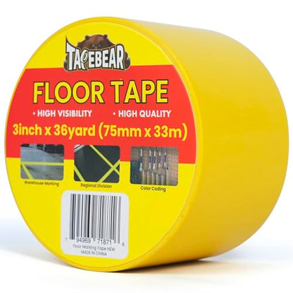 TAPEBEAR Floor Tape Yellow Vinyl Tape 3" x 36 yds Safety Warning Stripe - color: Yellow, size: 3" x 36Yards