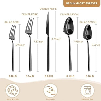 Oval Black 20-Piece Silverware Set, Forged Stainless Steel Flatware Set with European Design, Modern Cutlery Set, Service for 4, Dishwasher Safe