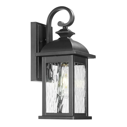 FEMILA Outdoor Wall Light Fixture, 1-Light Exterior Waterproof Wall Sconce, 15" Front Porch Lights, Anti-Rust Matte Black Finish with Water Ripple Glass, 4FD54B BK-WP - color: Matte Black, Water Ripple Glass, size: 15", Single Unit