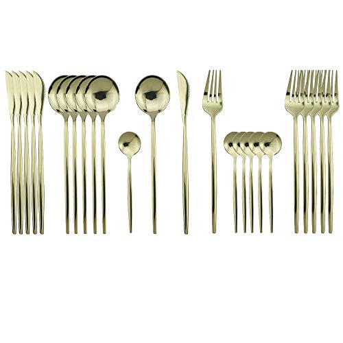 JASHII 24-Piece 304 Stainless Steel Flatware Cutlery Set for 6, Champagne Silverware Set, Mirror Finish, Ideal for Home Wedding Festival Party, Dishwasher Safe (Champagne gold) - color: Champagne Gold