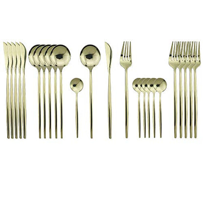 JASHII 24-Piece 304 Stainless Steel Flatware Cutlery Set for 6, Champagne Silverware Set, Mirror Finish, Ideal for Home Wedding Festival Party, Dishwasher Safe (Champagne gold) - color: Champagne Gold