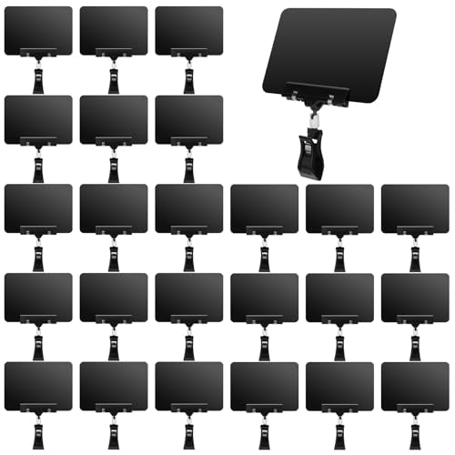 24 Pack Plastic Mini Chalkboard Sign with Clip, Rotating Price Signs Black Erasable Merchandise Sign Clip Holder for Business, Store, Retail, Shelf, Clothing Rack, Food