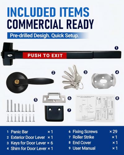31.5" Panic Exit Device with Keyed Lever, 304 Stainless Steel, Black - color: Black