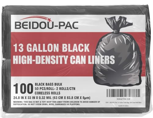 BEIDOU-PAC 13 Gallon Trash Bags, 100 Count Black Tall Kitchen Garbage bags, Multi-purpose Trash Can Bin Liners for Bathroom, Office, Industrial, Commercial, Janitorial, Municipal, Recycling - style: 13 Gallon |8 Micron |100 Count