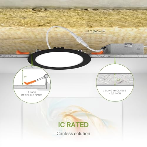 ASD 6 Pack LED Recessed Lighting 6 Inch 15W, 5 CCT 2700K-5000K CRI90+, IC Rated Ultra Thin Dimmable Ceiling Lights with J Box, Canless Wafer Downlight, Round Slim Panel Light, UL Energy Star, Black - color: Black, size: 6 Inch 6 Pack