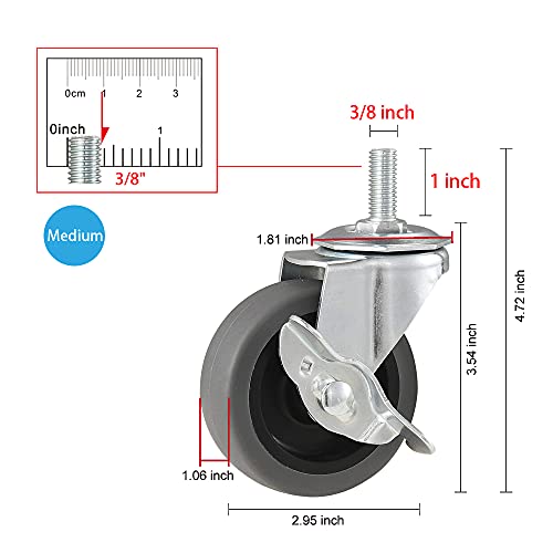 Caster Wheels, 3" Locking Swivel Threaded Stem Casters Set with Brake of 16 - color: Grey, size: Grey-16pack