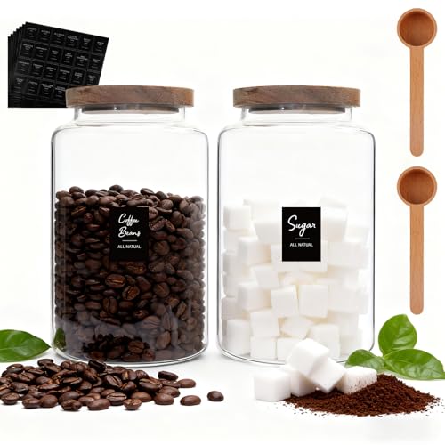 Glass Coffee Jar with Wood Lids Spoon Labels Clear Coffee Ground Canister set of 2,Borosilicate Glass Food Containers for Spice Cookies Sugar Tea Bar (2800ml/94oz-2 pack-with spoon) - color: 2800ml/94oz-2 pack-with spoon