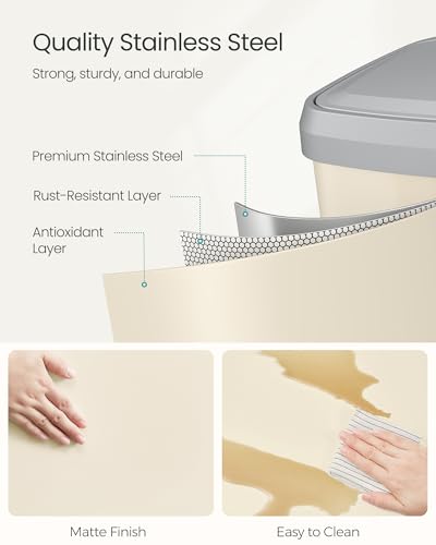 SONGMICS Kitchen Trash Can, 18-Gallon (68 L) Stainless Steel, Soft Closure - color: Sand Beige + Dove Gray, style: 18 Gallons