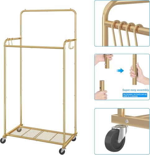 Simple Trending Clothes Garment Rack, Double Rods Clothing Rack, Gold