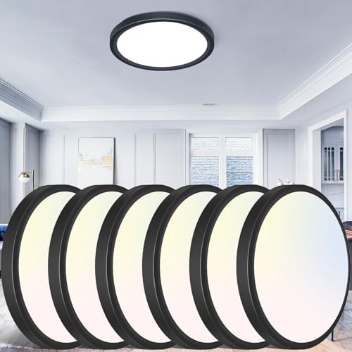 libtit 12 inch Flush Mount LED Ceiling Light Fixture, 3000K 4000K 6500K Adjustable, 28W 3200lm Black Round Lighting Fixtures for Bathroom Shower Hallway Kitchen, 6 Pack - color: Black, size: 12in-6Pack