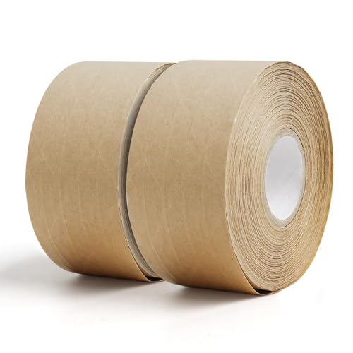 Reinforced Water Activated Gummed Kraft Paper Tape,2 Rolls 1.9 inch x 49.2 yd Brown Packing Tape,Total 98.4 yds for Heavy Duty Secure Packing and Shipping