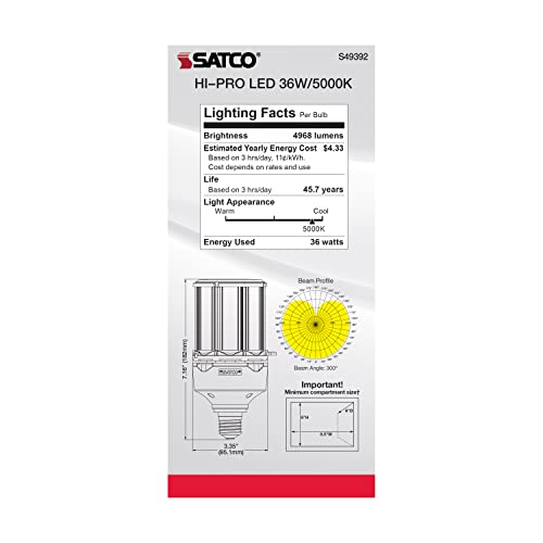 Satco S49392, 36W LED Corncob Bulb, HID Replacement, 5000K, Light Bulb