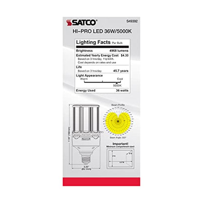 Satco S49392, 36W LED Corncob Bulb, HID Replacement, 5000K, Light Bulb