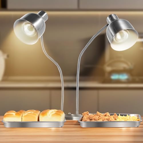 VEVOR Food Heat Lamp, 500W Electric Commercial Food Warmer Light, 2-Head Stainless Steel French Fry Heating Lamp with 3 Bulbs, Catering Food Warming Equipment for Kitchen, Buffet, Restaurant, Silver