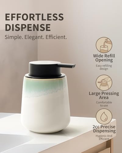 BosilunLife Ceramic Soap Dispenser - Dish Soap Dispenser for Bathroom 12Oz - color: White With Blue-green Rim