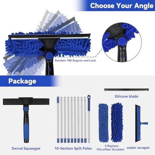 Window Squeegee Tool with Extension Pole: 20+ Feet Microfiber Scrubber Window Cleaning Kit for Rv Truck Bus Car Windshield - 3 to 14 Ft Spliceable Extendable Long Duster for High Outside Solar Panel - color: Blue