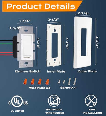 [10 Pack] Cloudy Bay 3-Way/Single Pole Dimmer Electrical Light Switch for 150W LED/CFL, 600W Incandescent/Halogen,Wall Plate Included,Pack of 10 - size: 10-Pack | Ivory