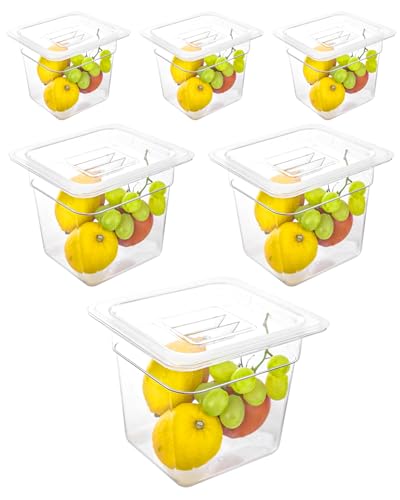 6 Pack Food Pan with Lids,1/6 Size Shatterproof Stackable Plastic Hotel Food Pan for Party, Catering, Home kitchens Meal Prep,-40°F to 212°F (2.35QT(2.22L), 1/6 size 6" deep) - size: 1/6 size 6" deep