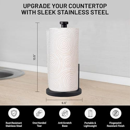 Black Paper Towel Holder Countertop - Weighted Stainless Steel Paper Towel Stand with Non-Slip Base & One-Hand Tear Design for Kitchen, Fits Standard & Jumbo Rolls