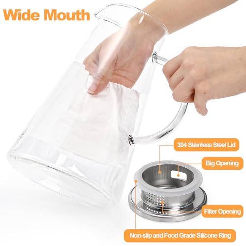Nicunom 2 Pack 68 oz Glass Pitcher with Lid, BPA-Free Glass Water Jug Carafe Heat Resistant Ice Tea Pitcher for Juice, Sangria, Lemonade, Milk, Coffee, Cold and Hot Beverages, 2 Pcs Brush Included
