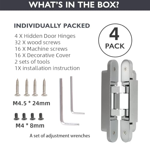 4-Pack 7 inch Silver Hidden Door Hinges,Heavy Duty Zinc Alloy Concealed Hinges, 180 Degree Invisible Hinge, 3 Way Adjustable Butt Hinge - color: Silver, size: 7 Inch