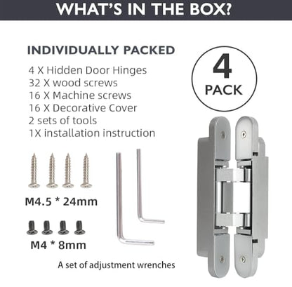 4-Pack 7 inch Silver Hidden Door Hinges,Heavy Duty Zinc Alloy Concealed Hinges, 180 Degree Invisible Hinge, 3 Way Adjustable Butt Hinge - color: Silver, size: 7 Inch