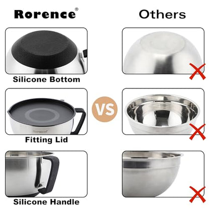 Rorence Stainless Steel Mixing Bowls: Metal Mixing Bowl Set with Lids and Handles Non-slip Silicone Bottom Nesting Bowls for Kitchen Set of 3 - Black - color: Black