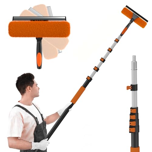 SISUPASSIE 30FT Reach 2-in-1 Window Squeegee, Professional Window Washing Kit with 5-24FT Extension Pole for Home, Indoor Outdoor Squeegee with Rotatable Head for High Windows - size: 24FT