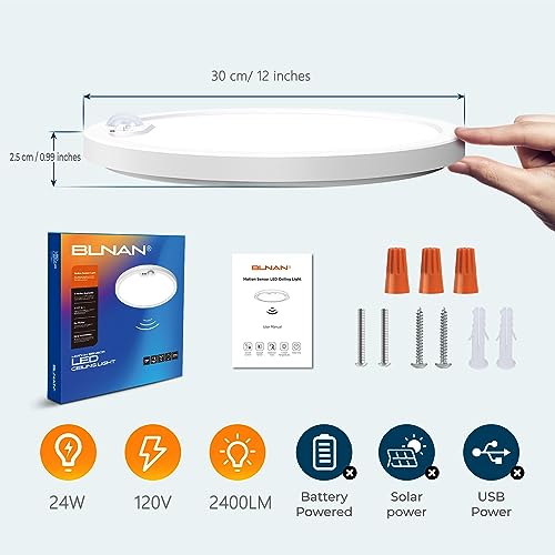 BLNAN Motion Sensor Ceiling Light Wired, 12 Inch 3000K 4000K 5000K Selectable LED Flush Mount Light Fixture, Motion Activated Light with Timer for Hallway Stair Walk-in Closet, Non-Dimmable - size: 12inch-1pack White