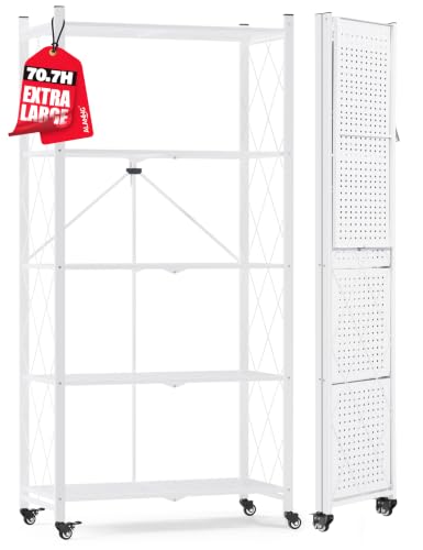 ALANNG 70.7" H Metal Storage Shelves, 5 Tier Folding Shelf on Wheels - color: White