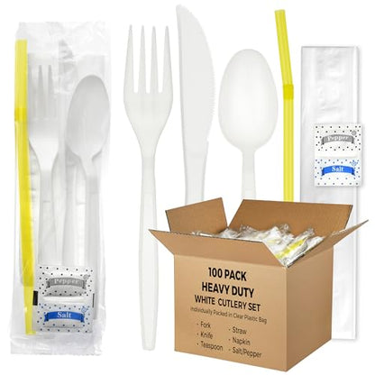 100 pack | Individually wrapped Cutlery set | White Heavy Duty Cutlery | Utensil set with Fork, spoon, knife, Napkin, Straw and Salt/Pepper packets (6 in 1) | Plastic Disposable Flatware Cutlery Kits - color: White