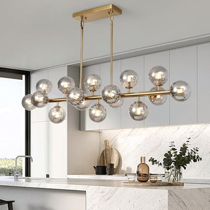 Globe Gold Chandelier Smoke Grey Linear Rectangle Modern Chandeliers Glass Pendant Light Fixture Adjustable for Dining Living Room Kitchen Island 55" - color: Grey-55n