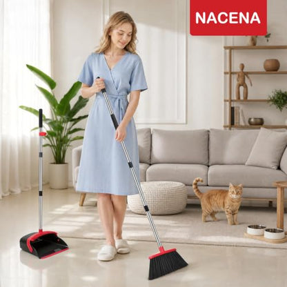 NACENA Broom and Dustpan Set, 52-in Long Adjustable Handle Broom Dustpan Combo with Dustpan Teeth to Automatically Clean Hair Suitable for Home Kitchen Office Hall Floor (Black&Red), 2 Pack