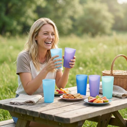 32oz Plastic Cups Reusable set of 12, Large Plastic Tumbler Coastal - color: Coastal Colors
