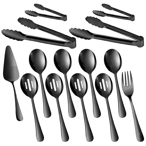 14PCS Serving Utensils - Hostess Serving Utensils Set, Premium Stainless Steel 8.7 inch Serving Utensils, Slotted Spoons, Forks, Tongs, Cake Pie Server for Buffet, Wedding, Dinner (Black) - color: Black