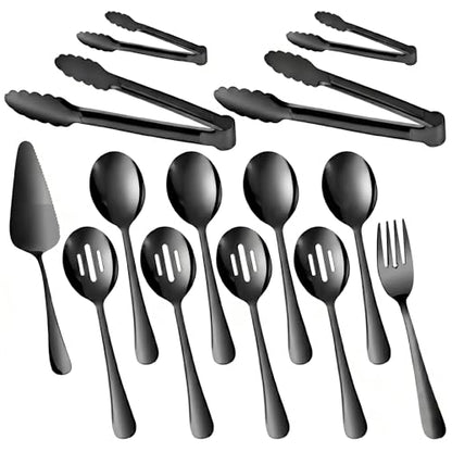 14PCS Serving Utensils - Hostess Serving Utensils Set, Premium Stainless Steel 8.7 inch Serving Utensils, Slotted Spoons, Forks, Tongs, Cake Pie Server for Buffet, Wedding, Dinner (Black) - color: Black