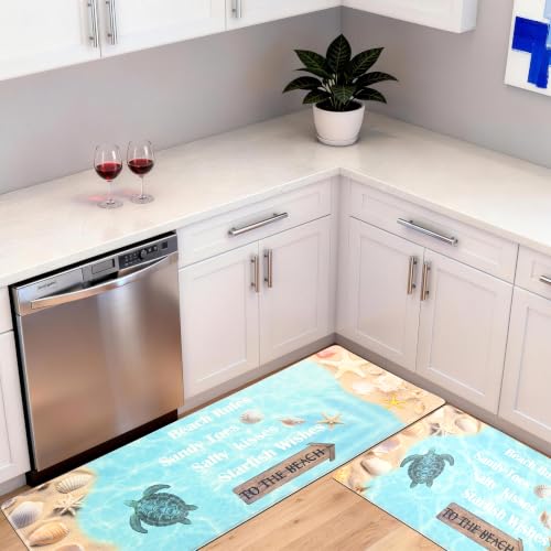 Coastal Kitchen Mats for Floor Beach-Themed Cushioned Anti Fatigue Mats for Kitchen Floor for Sink, Stove, Desk, Laundry,17"x30"+17"x47", Lake Blue - color: Lake Blue, size: 17"x30"+17"x47"