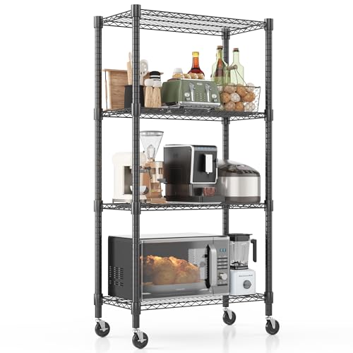Homdox Heavy Duty Storage Shelves, 4 Tier Wire Shelving Unit with Wheels, Commercial Adjustable Metal Shelves for Storage, Garage Rack Pantry Shelves Kitchen Shelving, 14"x30"x72", Black - color: Black, size: 14"Dx 30"Wx 72"H, 4 Tier