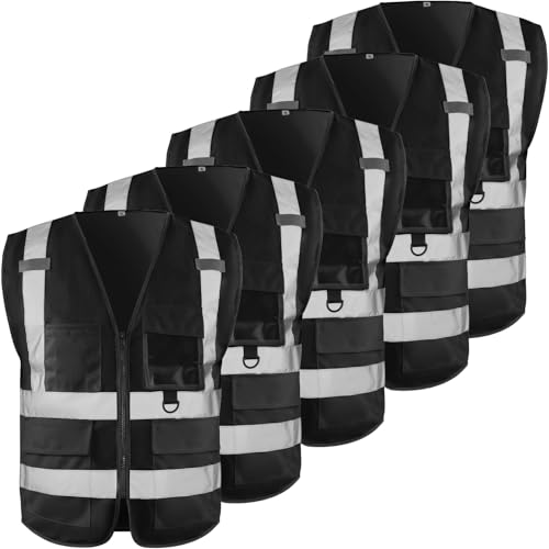 High Visibility Safety Vest for Men ，Class 2 Hi Vis Vest with Pockets, Reflective Vest for Construction Work, Volunteer, Cycling, Black M 5 Pack - color: Black, size: Medium