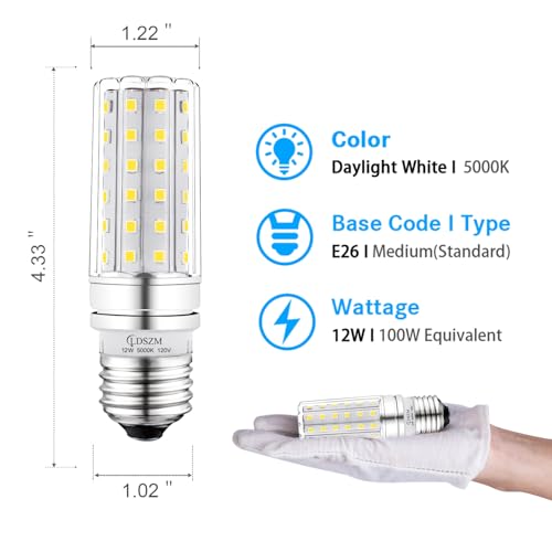E26 LED Bulb 12W, 100W Equivalent, 1200 Lumen, 5000K Cool Daylight, Non-Dimmable Tubular Corn Light Bulb for Ceiling Fan & Home Lighting, 4 Pack - color: E26-12w-5000k-4pcs