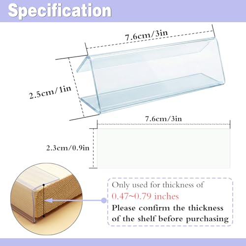 Shelf Label Holder, ELEMGULY 50 Pack Wood Shelf Label Holders Plastic Shelf Label Clip Clear Shelf Sign with 50 Pack Label Inserts for Home Office Library Shelves