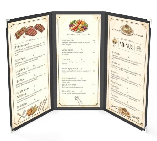 10Pcs Black PVC Clear Menu Cover 8.5x14, Trifold, 3 Page 6 View - color: black with silver corners, size: Trifold - 8.5" * 14"