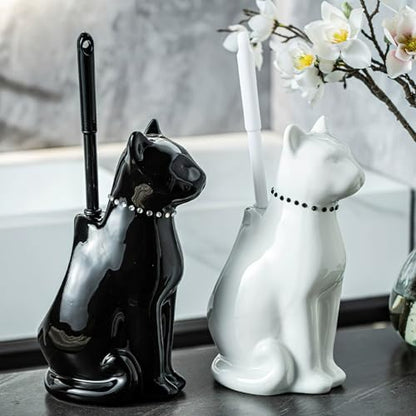 Cat Toilet Brush Holder - Ceramic Whimsical Feline Design with Wide-Mouth Storage, Black Toilet Bowl Brush and Holder Set Cute for Bathroom Ground, Easy-Clean Cat Lover Gift (White)