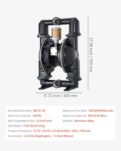 VEVOR Air Operated Double Diaphragm Pump, 158 GPM, 2 inch Inlet & Outlet Pneumatic Waste Oil Transfer Pump, Max 114 PSI, Aluminum Alloy Body, Air-Operated for Diesel, Grease, Kerosene, Gasoline & Oil - size: 158 GPM