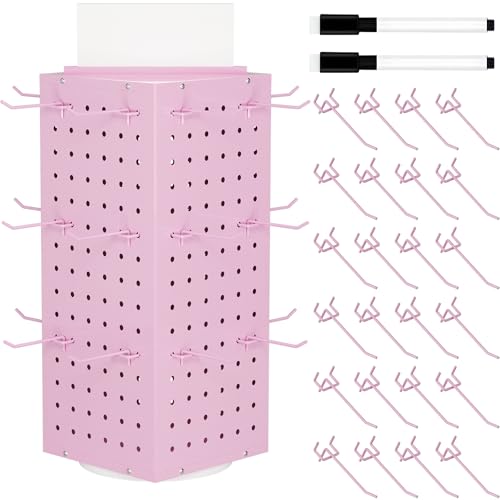 Rotating Pegboard Display Stand With 24 Hooks ,Metal Spinning Peg Board Displays, Desk Pegboard,Merchandise Display Rack for Selling Accessories Vendors & Events Retail Craft Shows & Fairs ( Pink) - color: Pink