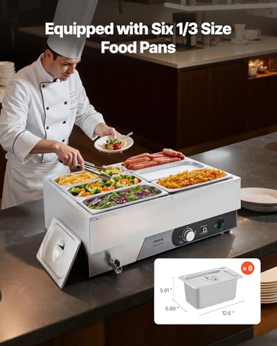 VEVOR Commercial Food Warmer, 1500W Electric Stainless Steel Steam Food Warming with Lid, Fast Heating Countertop Buffet Bain Marie with Six 1/3 Size Food Pans, for Catering, Restaurant and Party - size: 6*1/3Pan;15CM Depth