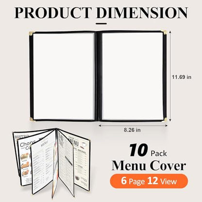 10 Pack Menu Covers 6 Page 12 View, 8.26 x 11.69 Inches Transparent Restaurant Recipe Menu Covers Menu Holder with Leatherette Trim & Metal Corners for Bar Cafe Restaurant