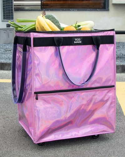 Large Phantom Pink Reusable Grocery Bag on Wheels, Folding Rolling Tote - color: Phantom Pink, size: Large