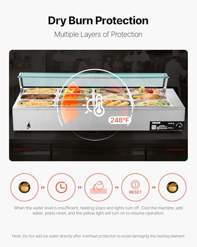 VEVOR Commercial Food Warmer, 1700W Electric Stainless Steel Steam Food Warmer with Glass Cover, 12-Pan Countertop Buffet Bain Marie with Soup & Perforated Ladles, for Catering, Restaurant & Party - size: 56.3 x 22.44 x 15.16 in