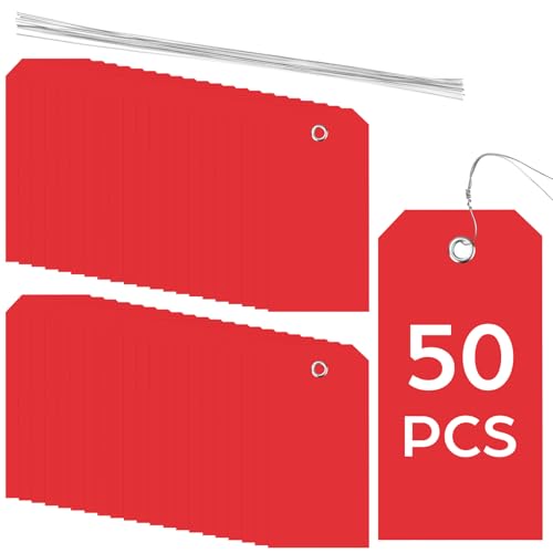 50 Pack Red Plastic Shipping Tags with Wire Ties, 4.72 x 2.36 inches Heavy Duty Industrial Hang Tags, Blank Identification Labels for Warehouse, Inventory & Outdoor Equipment (Red) - color: Red
